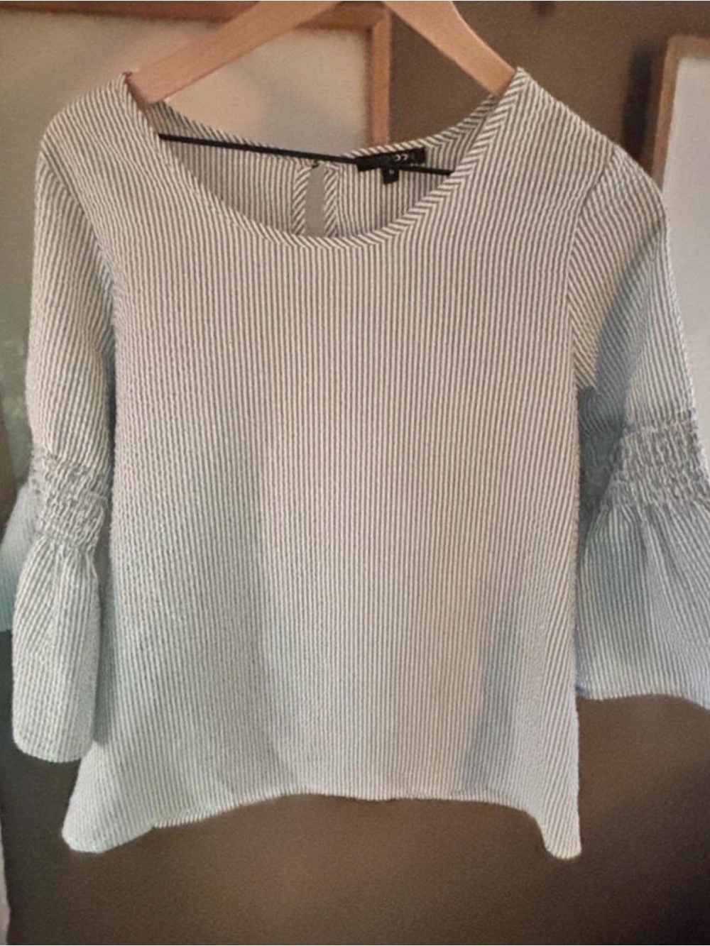 Striped Bell-Sleeve Blouse in Light Blue and White